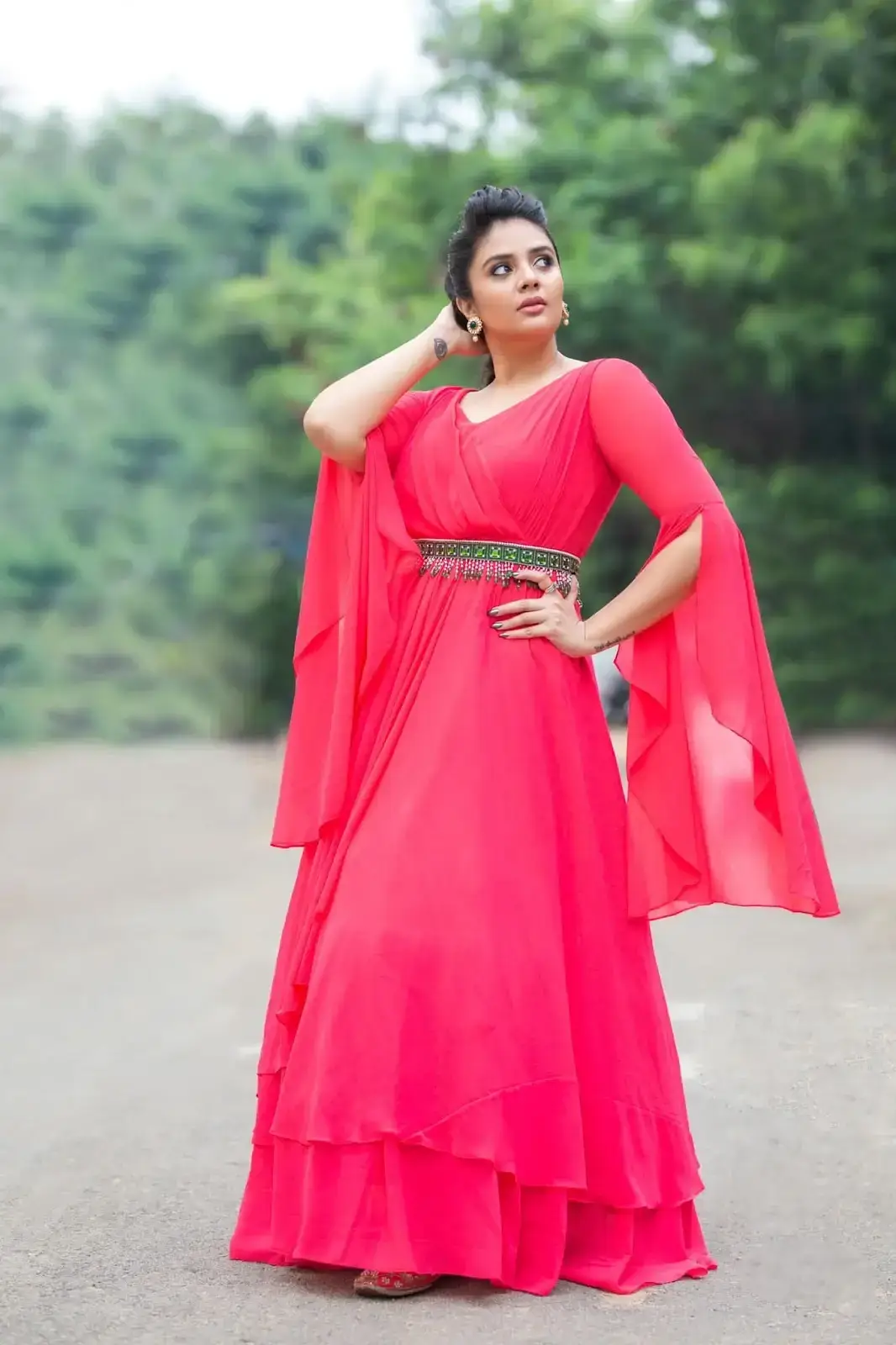 South Indian Television Actress Sreemukhi in Long Red Gown